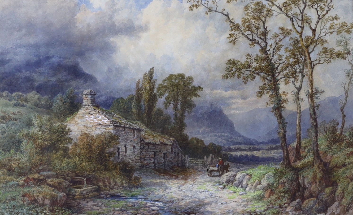 Samuel Henry Baker RBA (1824-1909), watercolour, Cart passing stone cottages, signed, 26 x 40cm